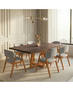 Mesa Jantar Julia 1,6m Freijó Pés Cerejeira Madeira Maciça 6 Cadeiras Gabriela - Cinza Linho