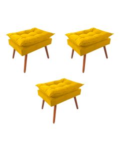 Kit 3 Puff Opala Premium Almofadada para Decoracao Sala de Estar Veludo Amarelo