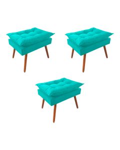 Kit 3 Puff Opala Premium Almofadada para Decoracao Sala de Estar Veludo Azul Turquesa