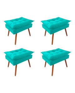 Kit 4 Puff Opala Premium Almofadada para Decoração Sala de Estar - Veludo Azul Turquesa