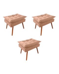 Kit 3 Puff Opala Premium Almofadada para Decoracao Sala de Estar Veludo Bege