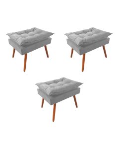 Kit 3 Puff Opala Premium Almofadada para Decoracao Sala de Estar Veludo Cinza Claro