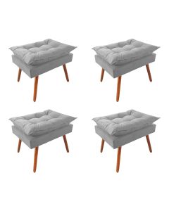 Kit 4 Puff Opala Premium Almofadada para Decoração Sala de Estar - Veludo Cinza Claro