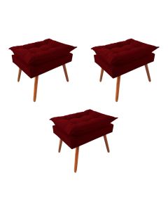Kit 3 Puff Opala Premium Almofadada para Decoracao Sala de Estar Veludo Vermelho Marsala