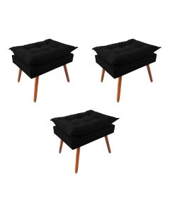 Kit 3 Puff Opala Premium Almofadada para Decoracao Sala de Estar Veludo Preto