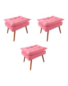 Kit 3 Puff Opala Premium Almofadada para Decoracao Sala de Estar Veludo Rose